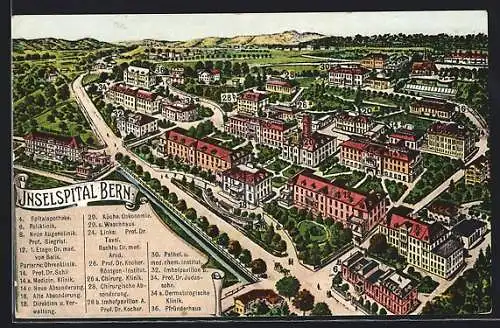 Künstler-AK Bern, Inselspital, Schematische Ansicht, mit Gebäude-Register