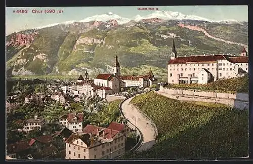 AK Chur, Blick über Kirche auf die Alpen