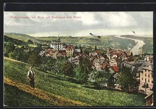 AK Walzenhausen, Totale des Ortes mit Blick auf Bodensee u. Rhein