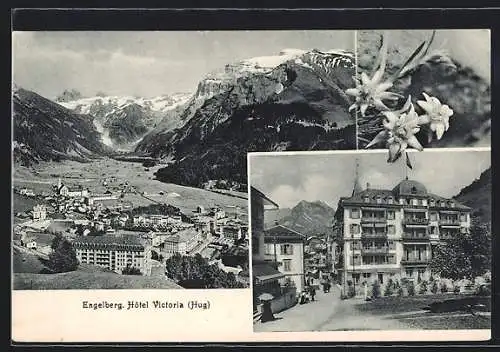 AK Engelberg, Hotel Victoria, Totalansicht über Häuser, Kirche, Tal und Gebirge, Edelweiss