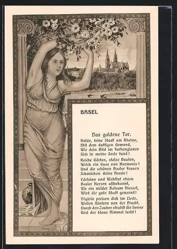 Künstler-AK Basel, Gedicht Das goldenen Tor, Frau und Baumblüte vor Teilansicht