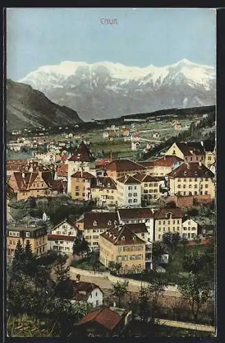 AK Chur, Ortsansicht mit Strassenpartie und Bergblick