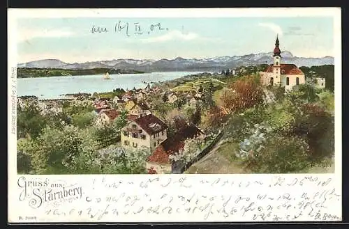 AK Starnberg, Ortsansicht mit Blick zum Starnberger See