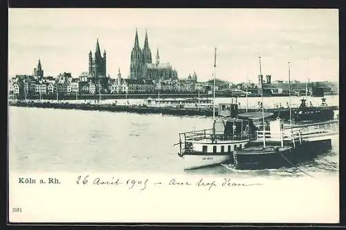 AK Köln a. Rh., Uferpartie mit Dom und Boot Köln-Deutz I