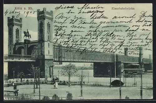 Mondschein-AK Köln, Eisenbahnbrücke, Teilansicht mit Reiterdenkmal