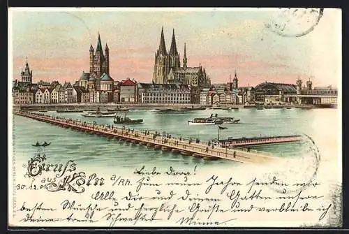 Lithographie Köln, Partie am Rhein mit Blick auf den Dom, Erleuchtete Fenster, Mond