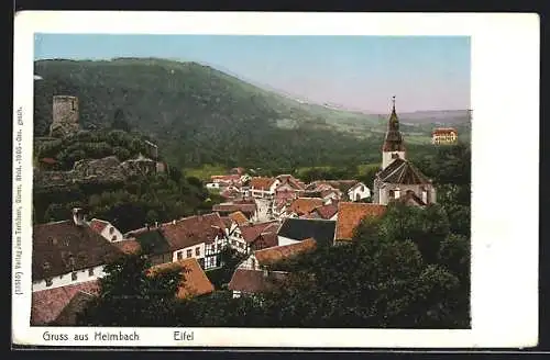 Goldfenster-AK Heimbach / Eifel, Teilansicht, Kirchturm und Häuser mit leuchtenden Fenstern