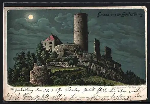Mondschein-Lithographie Godesberg, Blick zur Godesburg
