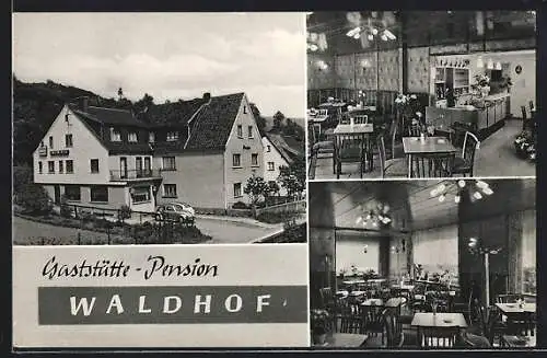 AK Gemünd / Eifel, Gasthaus und Pension Waldhof, An der Ley 8, Innen- und Aussenansicht