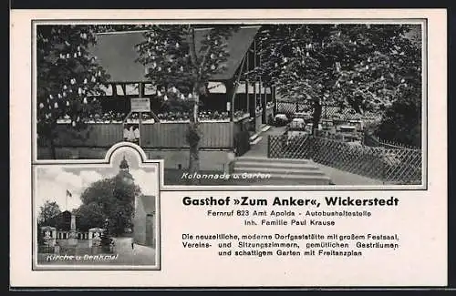 AK Wickerstedt, Gasthof Zum Anker, Inh. Familie Paul Krause, Kirche & Denkmal, Kolonnade & Garten