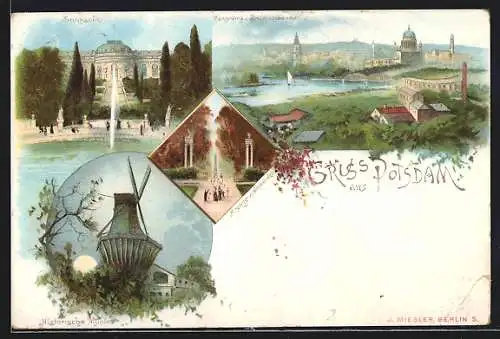 Lithographie Potsdam, Panorama von Brauhausberge, Sanssouci, historische Mühle