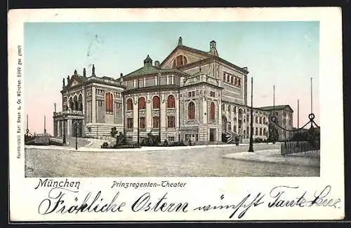 Goldfenster-AK München, Prinzregenten-Theater mit leuchtenden Fenstern