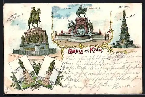 Lithographie Köln, Kaiser-Wilhelm-, Jahn-van-Werth-, Bismarck-Denkmal