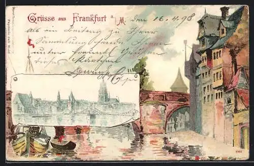Lithographie Frankfurt, Mainansicht mit Dampfer, Brücke und Blick auf Kirche