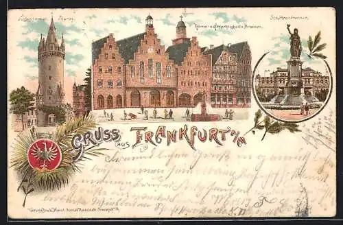 Lithographie Frankfurt a. M., Römer und Gerechtigkeitsbrunnen, Schützenbrunnen