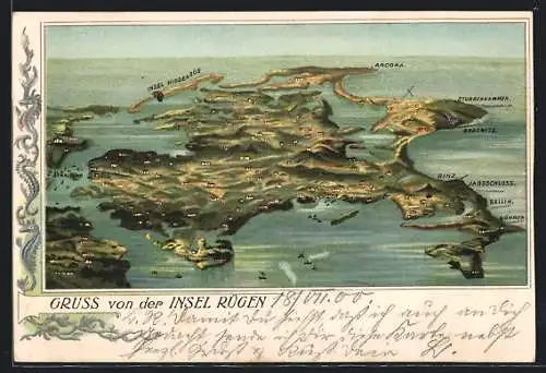 Lithographie Bergen / Rügen, Landkarte der gesamten Insel Rügen