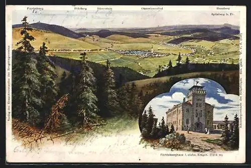 Lithographie Oberwiesenthal, Panoramaansicht, Fichtelberghaus