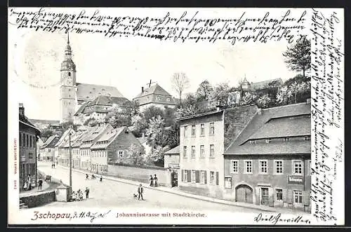 AK Zschopau, Johannisstrasse mit Stadtkirche