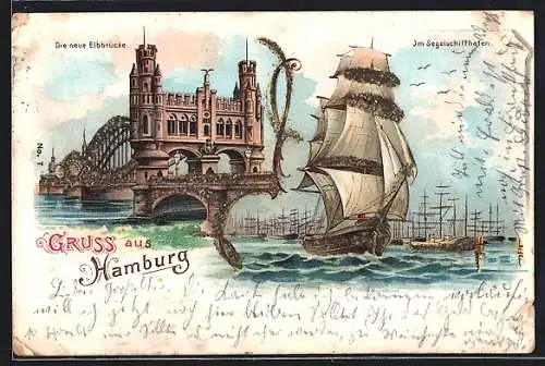 Lithographie Hamburg-Rothenburgsort, Die neue Elbbrücke, Im Segelschiffhafen