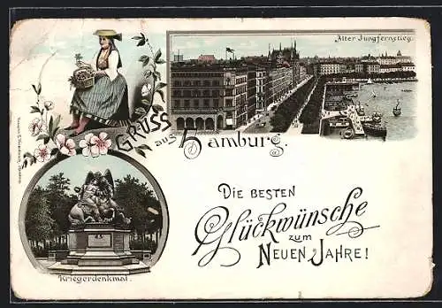 Lithographie Hamburg-Neustadt, Kriegerdenkmal, Alter Jungfernstieg, Frau in Tracht mit Blumenkorb