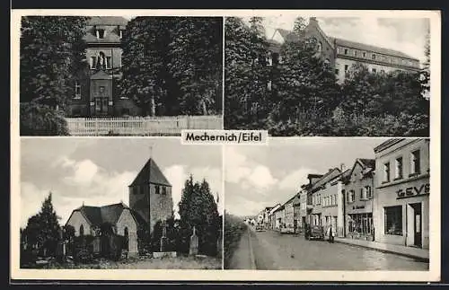 AK Mechernich /Eifel, Strassenpartie mit Geschäften, Kirche mit Friedhof, Ortspartie