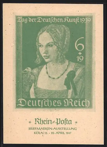AK Köln, Briefmarken-Ausstellung Rhein-Posta 1947, Briefmarke mit Frauenportrait
