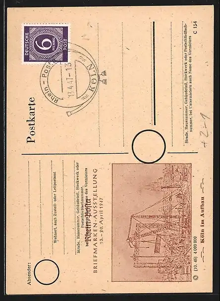 AK Köln, Briefmarken-Ausstellung Rhein-Posta 1947, Briefmarke mit Frauenportrait