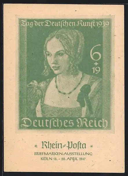 AK Köln, Briefmarken-Ausstellung Rhein-Posta 1947, Briefmarke mit Frauenportrait