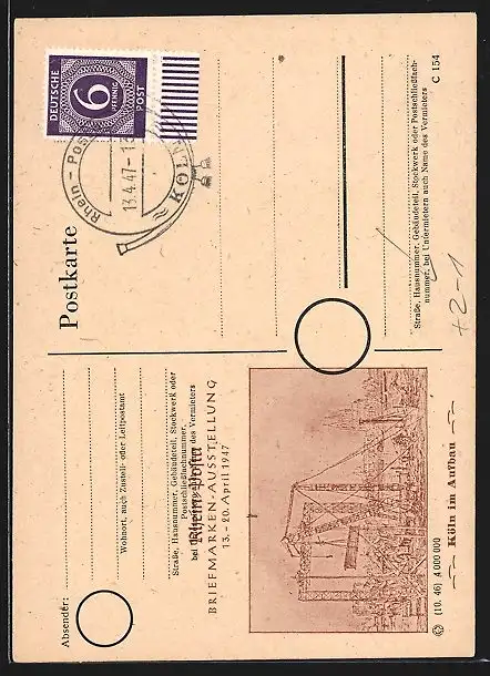 AK Köln, Briefmarken-Ausstellung Rhein-Posta 1947, Briefmarke mit Frauenportrait