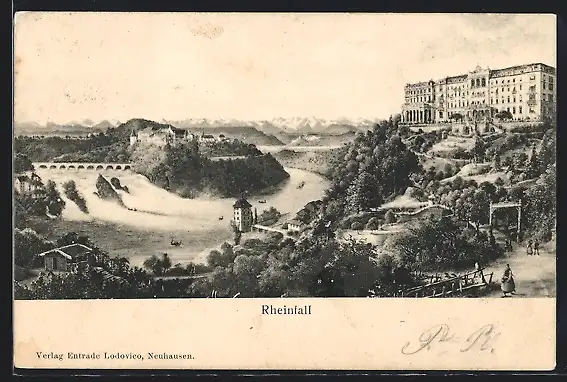 AK Neuhausen, Rheinfall mit Viadukt und Alpen