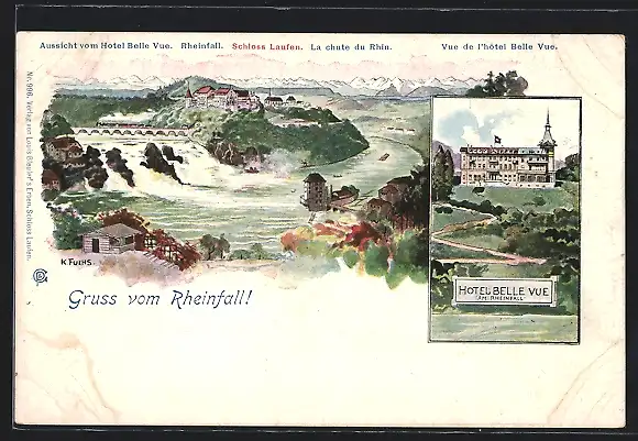 Künstler-AK Rheinfall mit Aussicht vom Hotelle Belle Vue, Schloss Laufen, Wasserfall