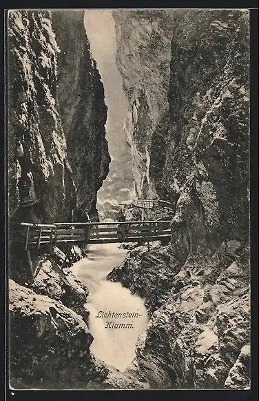 AK Liechtensteinklamm, Wasserfall mit Brücke