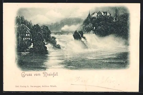 AK Rheinfall, Panorama mit Viadukt und Eisenbahn