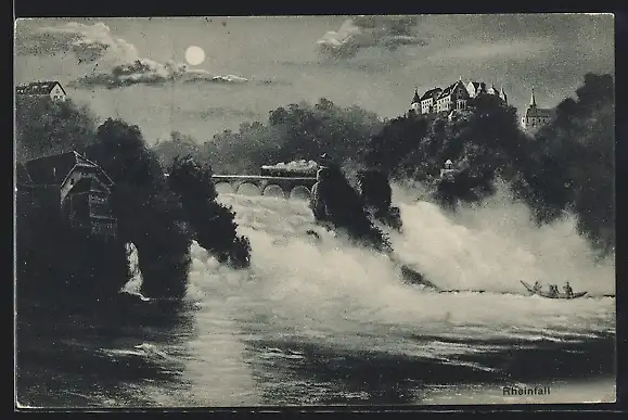 AK Neuhausen, Rheinfall mit Eisenbahnbrücke bei Nacht