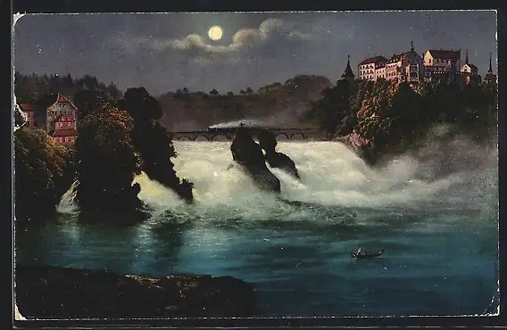AK Rheinfall, Wasserfall mit Schloss Laufen bei Vollmond