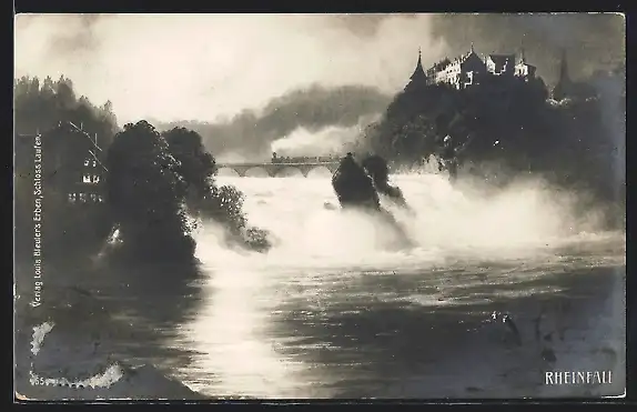 AK Rheinfall, Panorama mit Eisenbahn-Viadukt