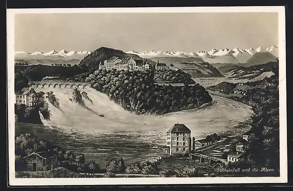 AK Rheinfall, Gesamtansicht mit Alpen
