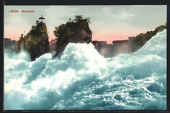 AK Schaffhausen, tosender Rheinfall mit Felsen