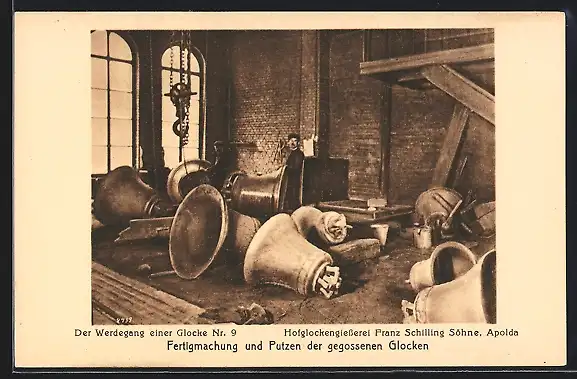 AK Apolda, Hofglockengiesserei Franz Schilling Söhne, Werdegang einer Glocke, Nr. 9, Putzen der gegossenen Glocken