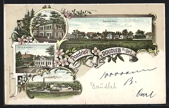 Lithographie Doudleby n. Orlici, Skola, Gesamtansicht