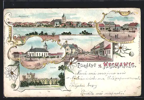 Lithographie Nechanice, Ulice Husova, Namesti, Zamek, Kostel