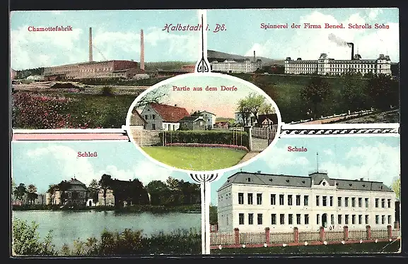 AK Halbstadt, Spinnerei der Firma Bened. Schrolls Sohn, Chamottefabrik, Schloss, Schule