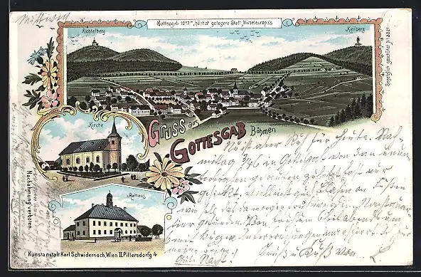 Lithographie Gottesgab, Kirche, Rathaus, Ortsansicht mit Fichtel- und Keilberg