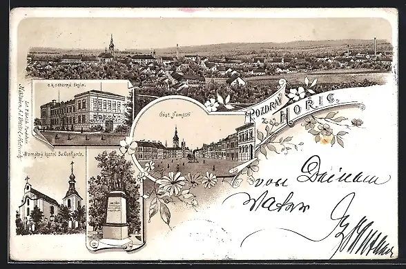 Lithographie Horice, Cast Namesti, Ramatny kostel, odborna skola