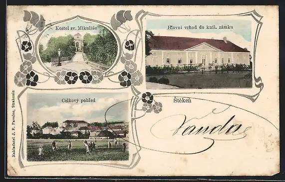 AK Steken, Kostel sv. Mikulase, Hlavni vchod do kniz zamku, Panorama