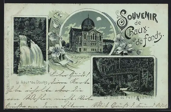 Lithographie Chaux-de-Fonds, La Synagogue /Synagoge, Le Saut du Doubs