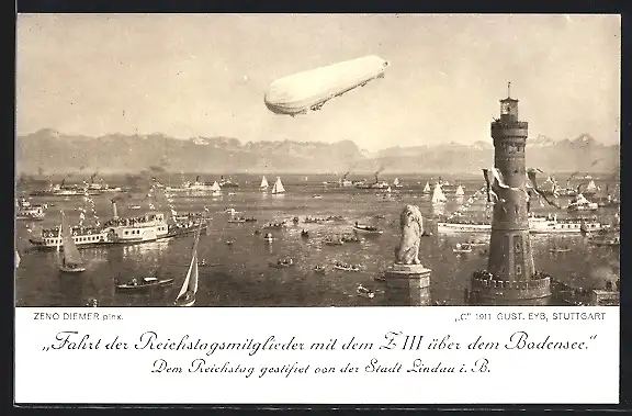 Künstler-AK Zeno Diemer: Lindau i. B., Fahrt der Reichstagsmitglieder mit dem Zeppelin Z III über dem Bodensee