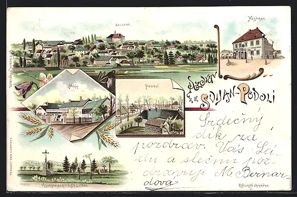Lithographie Svijany-Podoli, Hostinec F. Hammer, Mlyn, Podoli
