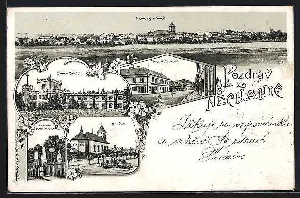 Lithographie Nechanic, Celkovy pohled, Námesti, Zámek Nrádek