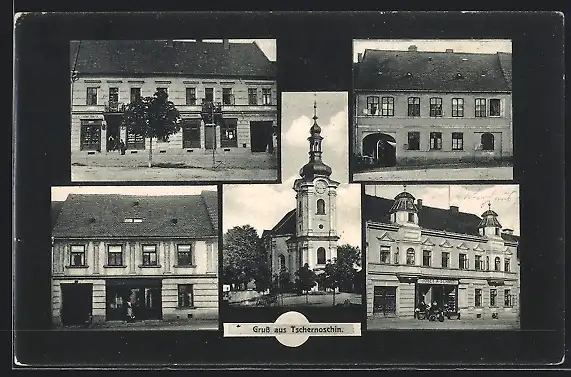 AK Tschernoschin, Geschäft v. Josef A. Schmid, Kirche
